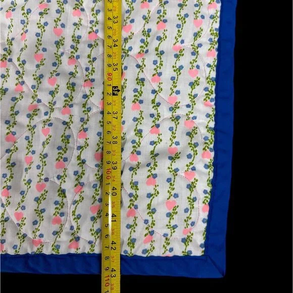 Vintage Handmade Baby Quilt Throw Blanket Pink Blue Hearts Floral Cottage 43x43 - Picture 7 of 8